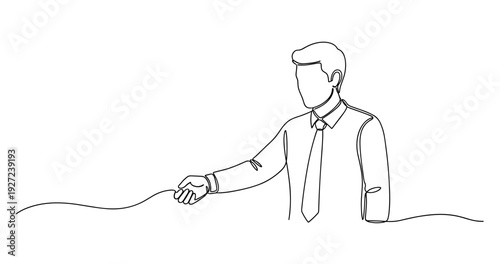 Business handshake: line art of young caucasian male professional in tie. No editable stroke