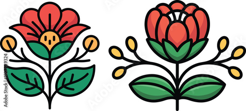 A beautifully illustrated red flower with a yellow center and two side buds on a green stem and leaves, presented in a clean, graphic style.