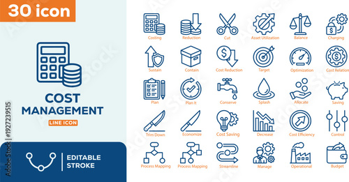 Cost Management Line Icons Set - 30 Editable Stroke Vector Icons for Finance and Business