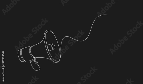 Continuous Line Drawing Megaphone with Wavy Sound Line on Black Background