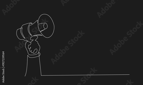 Continuous Line Drawing: Hand Holding Megaphone on Black Background for Communication and Announcement