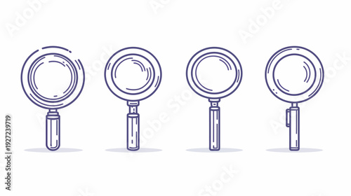 Four stylized magnifiers in shades of purple on a white background, minimal line art