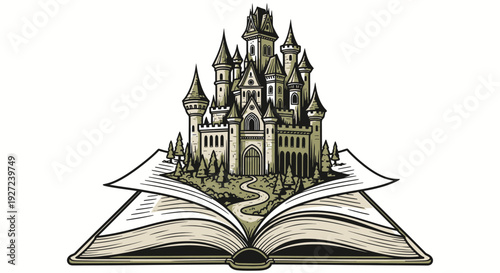 Open book with fairytale castle emerging from pages, symbolizing imagination and storytelling