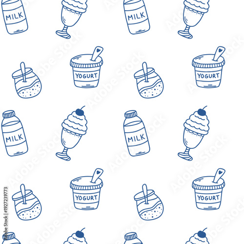 Milk Seamless Pattern with Bottle and Dairy Illustration Background