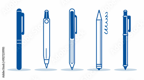 Illustration of five different pens in blue, various types and designs, isolated on white