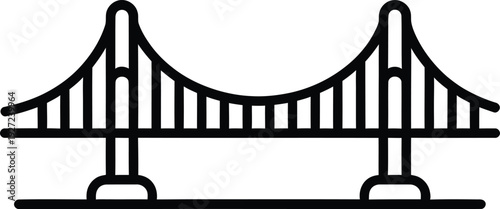 A clean black outline graphic illustration of a classic suspension bridge, depicting an iconic architectural structure and symbolizing connection and transportation.