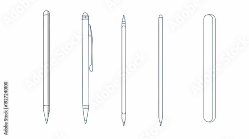 Black and white line art of writing tools including pens, pencils, and styluses