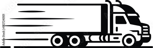 A dynamic black and white graphic logo showcasing a speeding delivery truck with motion lines