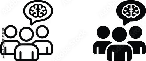 A pair of stylized icons illustrates a group of people with a speech bubble containing a brain, symbolizing collective thought or intelligence.