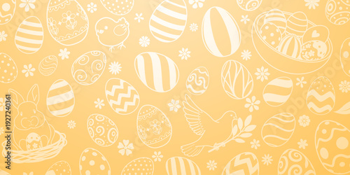 Yellow background with white easter eggs, flowers, and a bunny in a nest, all intricately designed.