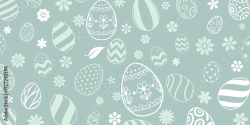 Easter background with white and light green eggs, flowers on soft green background, pastel colors, spring theme.