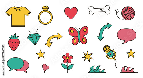Collection of colorful handdrawn cartoon elements and objects on white background.