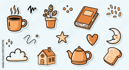Collection of cozy and comforting handdrawn illustrations and elements.