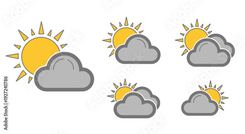Weather Forecast Icons with Sun and Clouds.