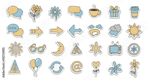 Collection of various handdrawn stickers with different shapes and objects.