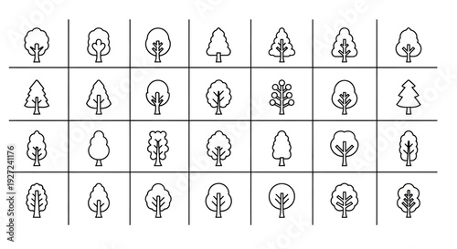 Collection of Simple Tree Icons in Various Shapes and Designs.