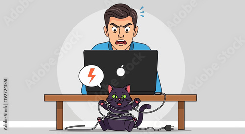 Frustrated programmer dealing with a mischievous cat tangled in computer cables, causing technical issues and stress at work