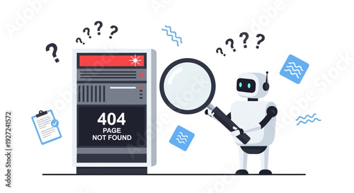 Robot AI assistant troubleshooting a 404 page not found error on a server, symbolizing website maintenance, digital problem-solving, and online connectivity issues