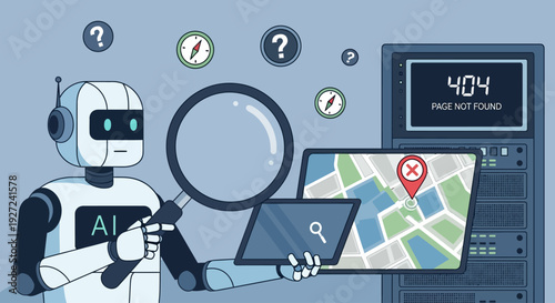 Robot exploring digital world with magnifying glass, seeking information and navigation on a map