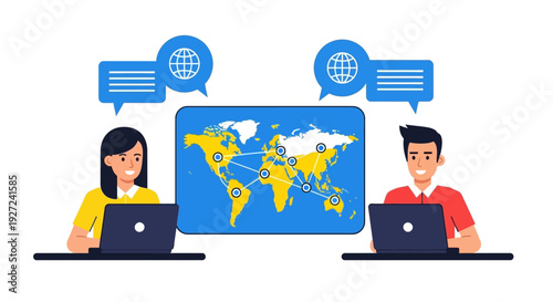 Global communication and connectivity demonstrated through a world map with people using laptops