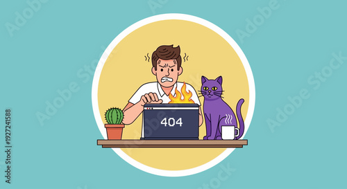 Frustrated person experiences a 404 error on laptop with a cat looking on