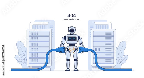 Robot displaying a 404 connection lost error, concept of network failure