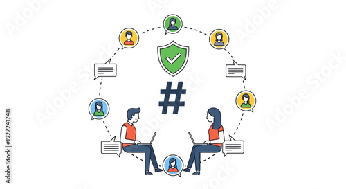Secure Digital Communication Network Concept Featuring Hashtag, Connected Users, and Online Community Interaction with Data Protection