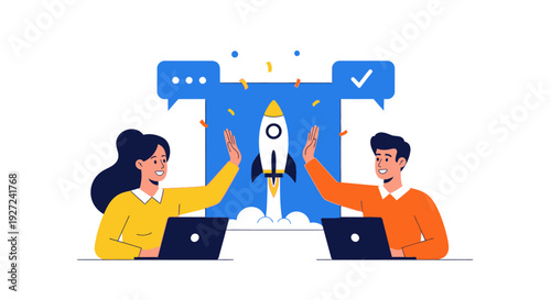Two people celebrating a successful launch or project with a rocket icon and laptop computers