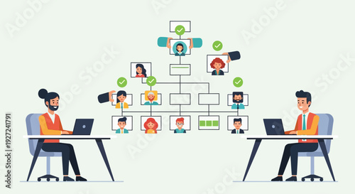 Illustrating a hierarchical organizational structure with team members depicted via profile icons on a digital flowchart