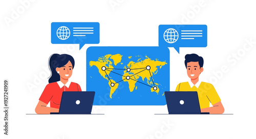 Global communication and collaboration network between people working on laptops