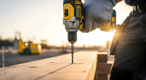 Construction worker using a power drill to screw into wood at sunset.
