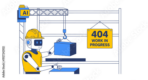 AI Robot Engineer Building Future Systems Artificial Intelligence Worker in Construction Site with 'Work In Progress' Sign, Symbolizing Innovation and Development