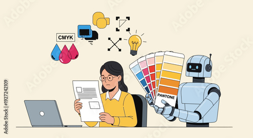 Creative cartoon woman at desk with laptop, assisted by light‑blue robot holding a colorful palette, viewed from front in a beige studio
