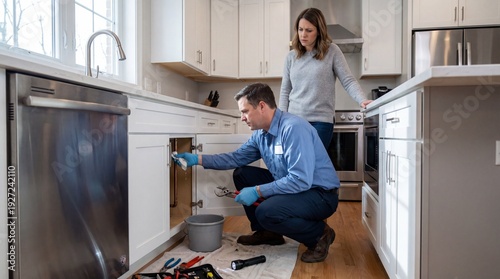 Male plumber in blue shirt repairs kitchen sink under cabinet while female homeowner observes in modern kitchen with stainless steel appliances and wooden floor