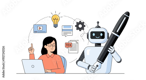 Cartoon woman and robot collaborating at a desk with laptop, surrounded by idea, gear, video, chat and document symbols in a clean illustration