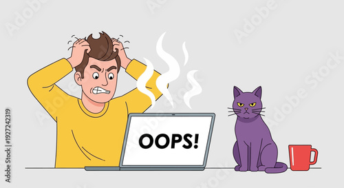 Frustrated man at desk with laptop error, cat watching, coffee mug nearby – cartoon illustration from a front viewpoint in a clean white setting