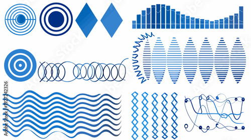 A collection of blue graphical elements, including circles, graphs, waves, and patterns