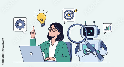 Cartoon woman in blazer pointing at laptop while robot holds magnifying glass at desk, surrounded by floating tech symbols, view illustration