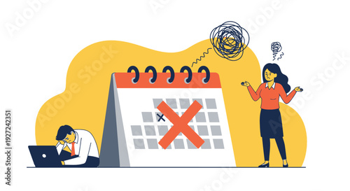 Cartoon illustration of a calendar with a red X, a man working on a laptop, a frustrated woman with a phone, and a puzzled figure examining a clock