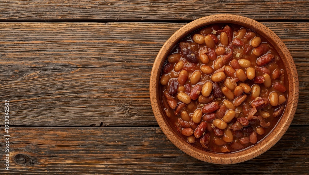 Fototapeta premium A wooden bowl of baked beans, also called pork beans, on a wooden backdrop with space for text
