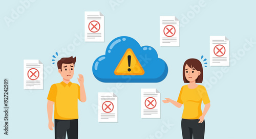 Two cartoon figures discuss a warning cloud surrounded by rejected documents in a light‑blue office illustration from a frontal viewpoint