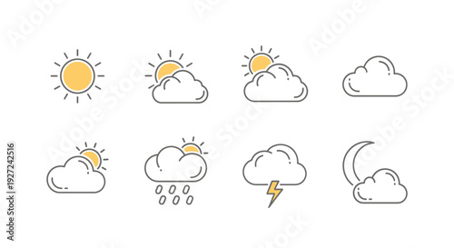 Simple weather icons set with sun, cloud, rain, and lightning.