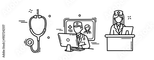 Healthcare icons: stethoscope, doctor at computer, nurse at podium illustration