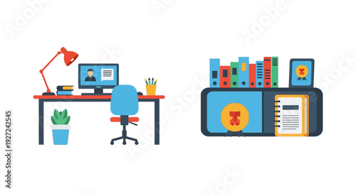 Modern office workspace with desk and storage unit.