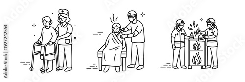 Line art: healthcare workers assisting elderly caucasian men in care activities