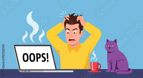 A man sitting at a desk with a laptop and cat, experiencing frustration while working on a task, in a calm office environment