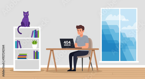 Man working on laptop at desk with cat on bookshelf in a room with a large window