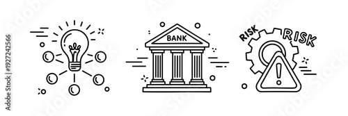 Financial innovation concept with light bulb, bank icon, and risk gear symbols