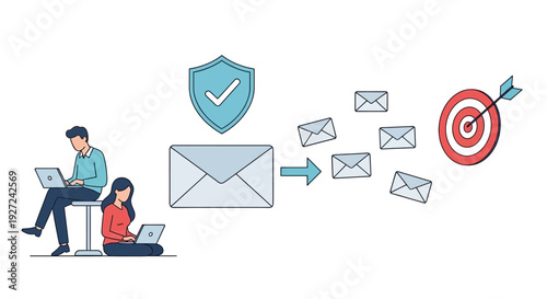 People working together on laptops with secure email transmission hitting the target