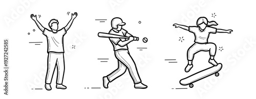 Line art of sports enthusiasts: baseball and skateboarding